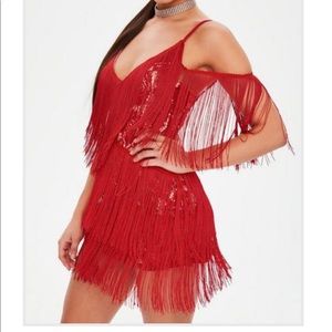 Petite red lace tassel fringe dress